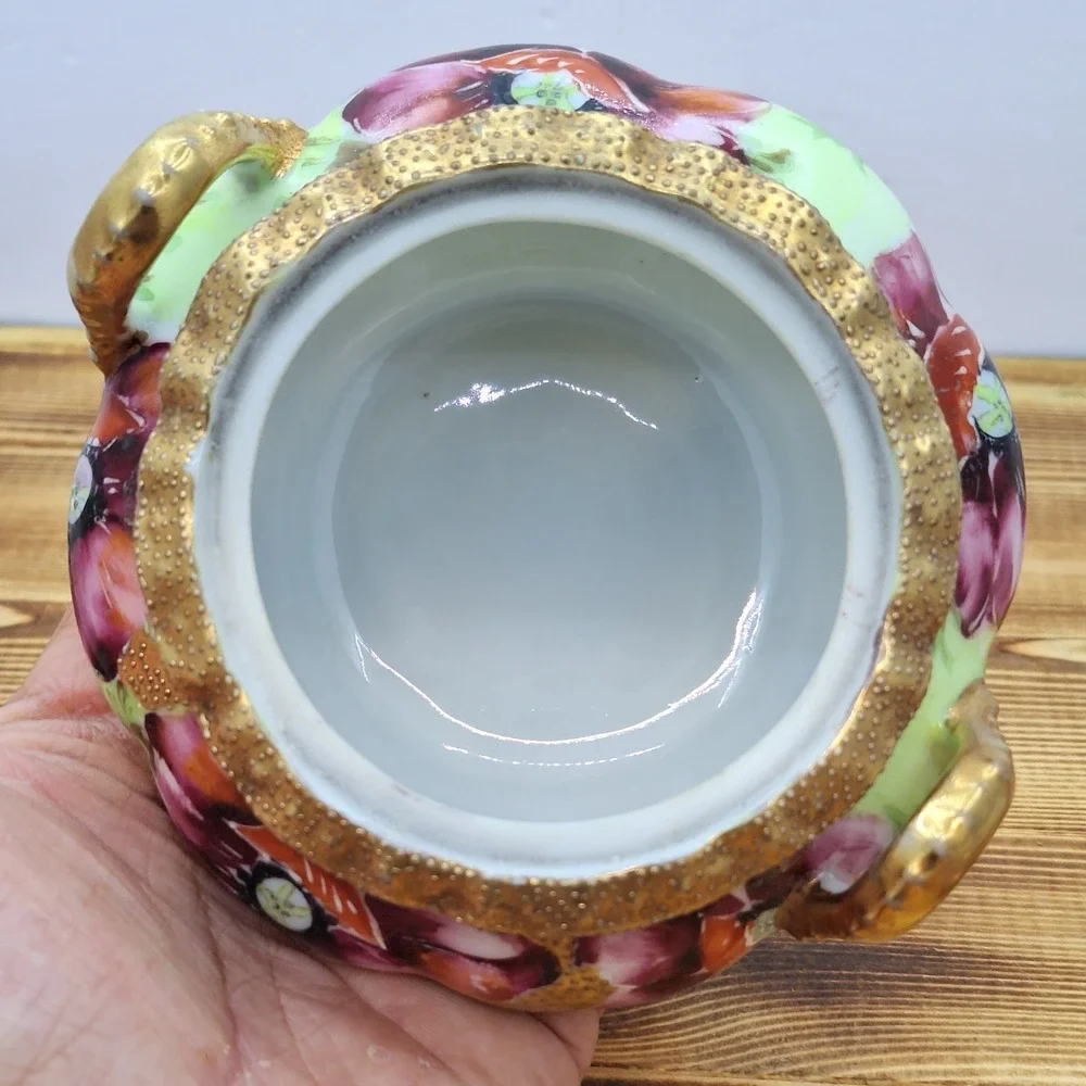Antique Nippon Hand Painted Sugar Bowl W/‎ Lid Floral Moriage and Gold Gilding